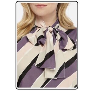 Nine West Striped Bow Blouse Small Purple Pink Taupe Black